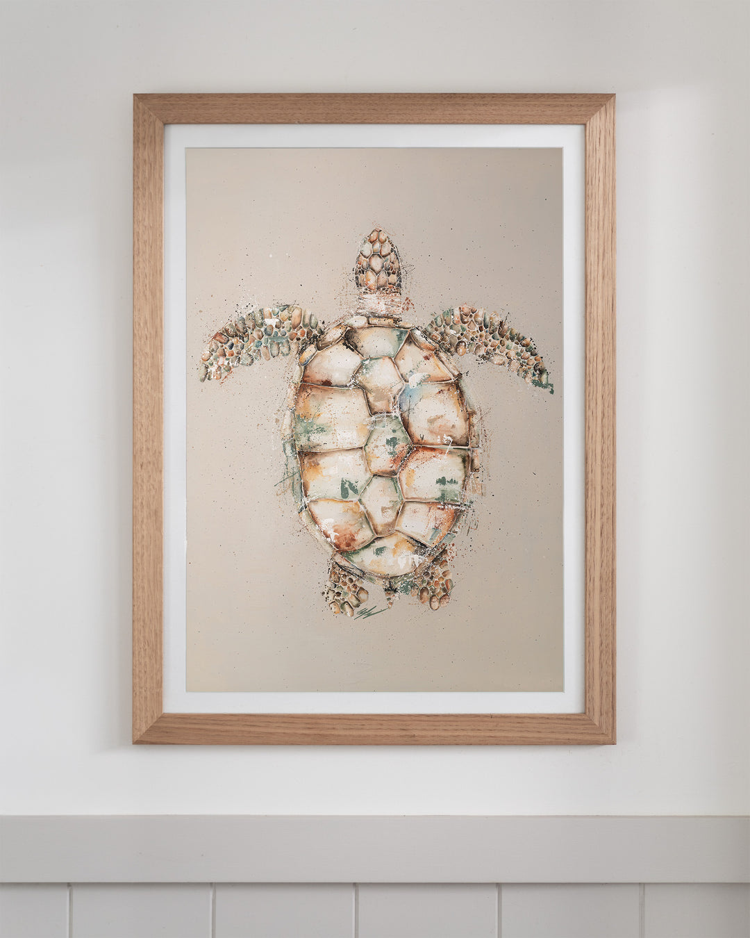 Green sea turtle fine art print by Stephanie Elizabeth, framed paper print in an oak frame