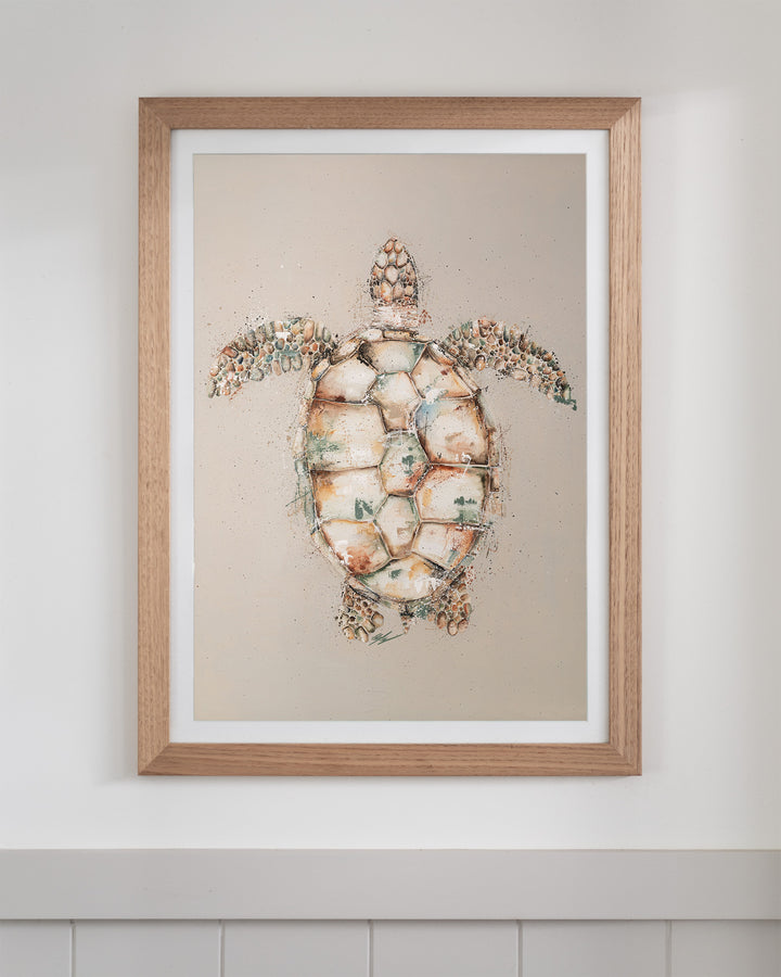 Green sea turtle fine art print by Stephanie Elizabeth, framed paper print in an oak frame