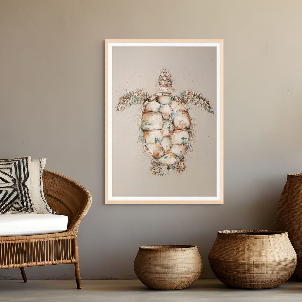 Green by Stephanie Elizabeth – framed paper print of full-body green turtle, top-down view, fine art marine life print