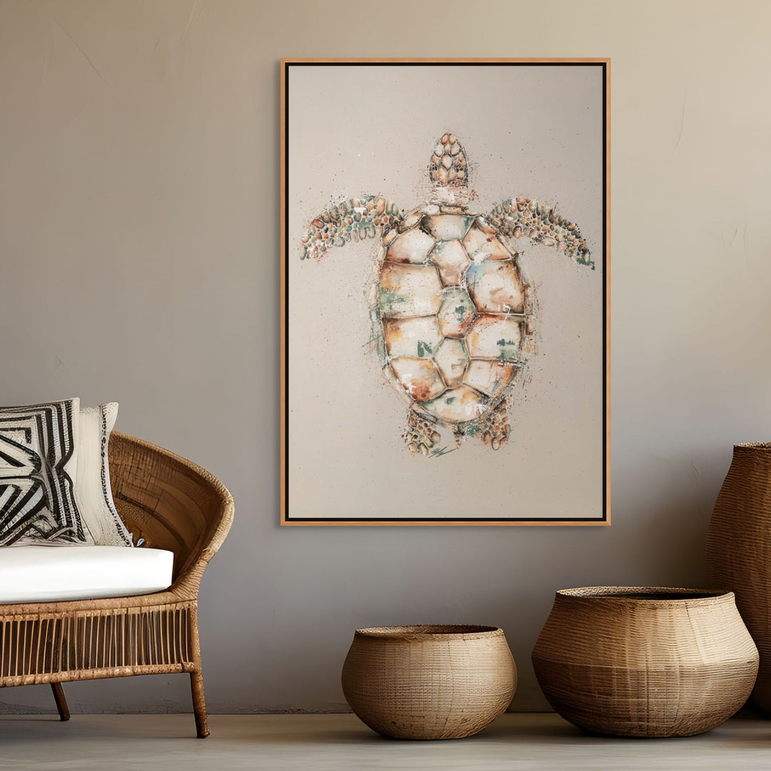 Green by Stephanie Elizabeth – shadow box canvas print featuring top-down view of green turtle, ocean-inspired fine art artwork