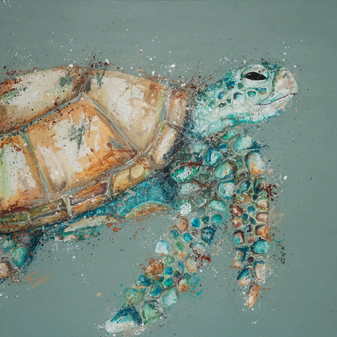 Grow Old, Sit Still – Original acrylic artwork of a sea turtle against a sage green background with calm ocean-inspired textures.