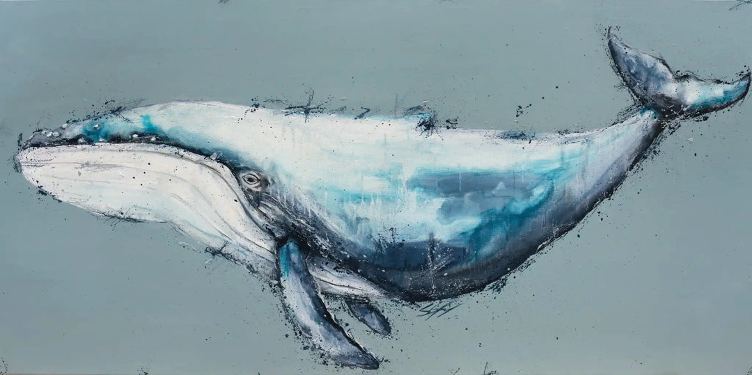 Halfway to the Deep – Large-scale original acrylic artwork featuring a whale emerging through deep blue ocean tones and layered textures.