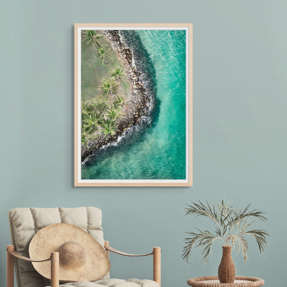 Hammocks and Hangouts – Aerial photograph of Rex Smeal Park with sun-drenched palms, turquoise shoreline, and soft grassy shadows | Framed Paper Print