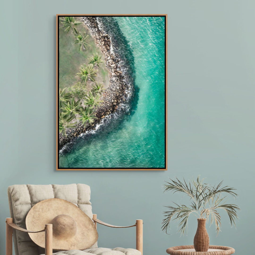 Hammocks and Hangouts – Aerial photograph of Rex Smeal Park with sun-drenched palms, turquoise shoreline, and soft grassy shadows | Shadow Box Canvas Print