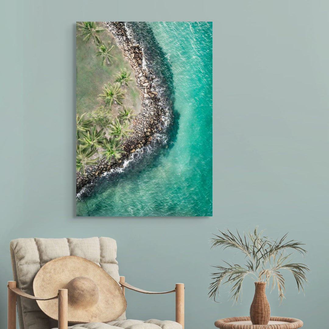 Hammocks and Hangouts – Aerial photograph of Rex Smeal Park with sun-drenched palms, turquoise shoreline, and soft grassy shadows | Stretched Canvas Print