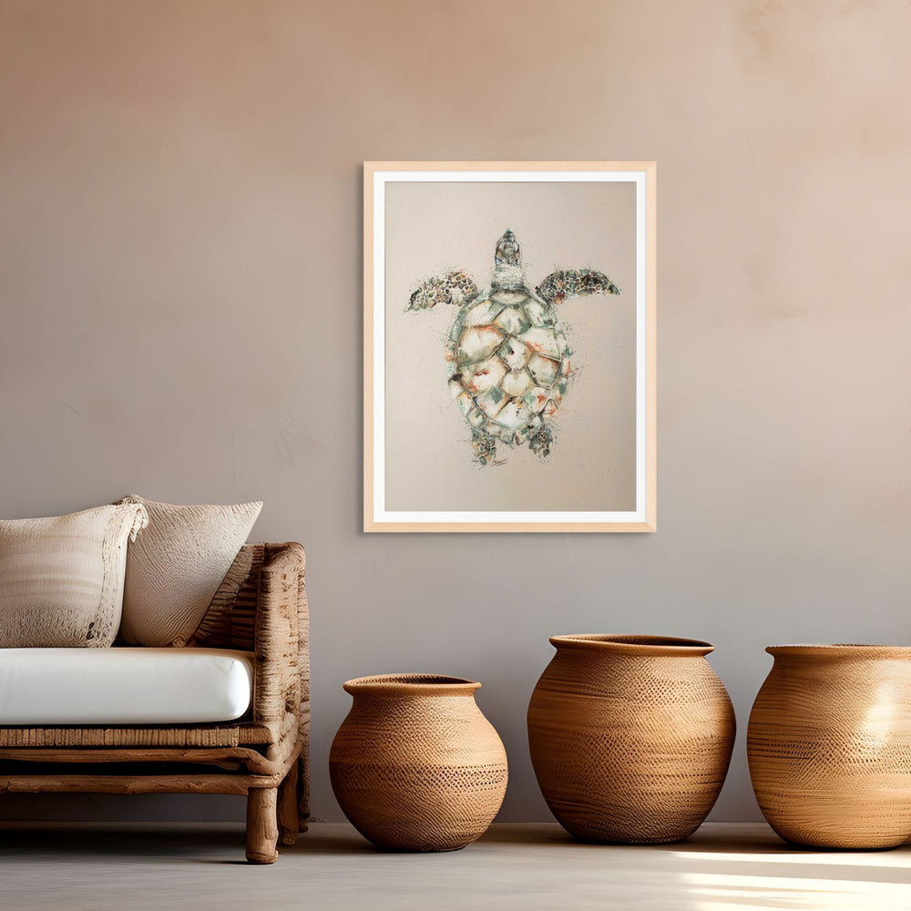 Hawksbill oak shadow box canvas fine art print of a full-body hawksbill turtle on a beige background by Stephanie Elizabeth
