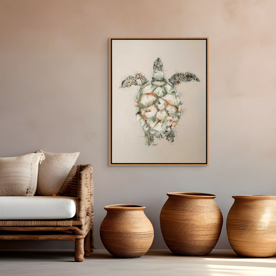Hawksbill oak framed paper fine art print of a full-body hawksbill turtle on a beige background by Stephanie Elizabeth