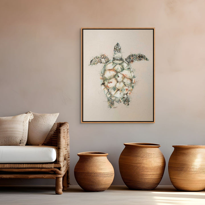 Hawksbill oak framed paper fine art print of a full-body hawksbill turtle on a beige background by Stephanie Elizabeth