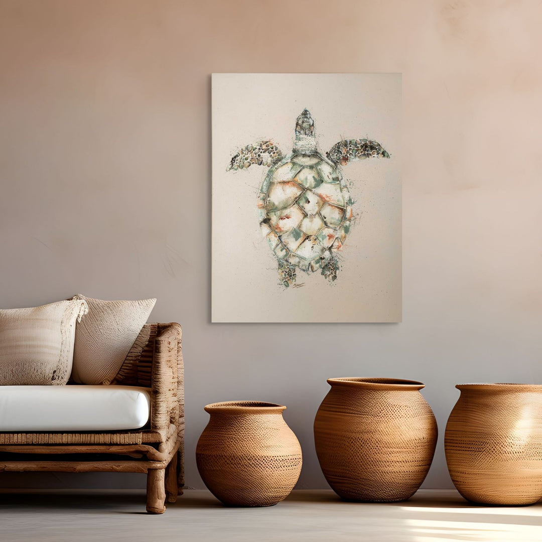 Hawksbill stretched canvas fine art print of a full-body hawksbill turtle on a beige background by Stephanie Elizabeth