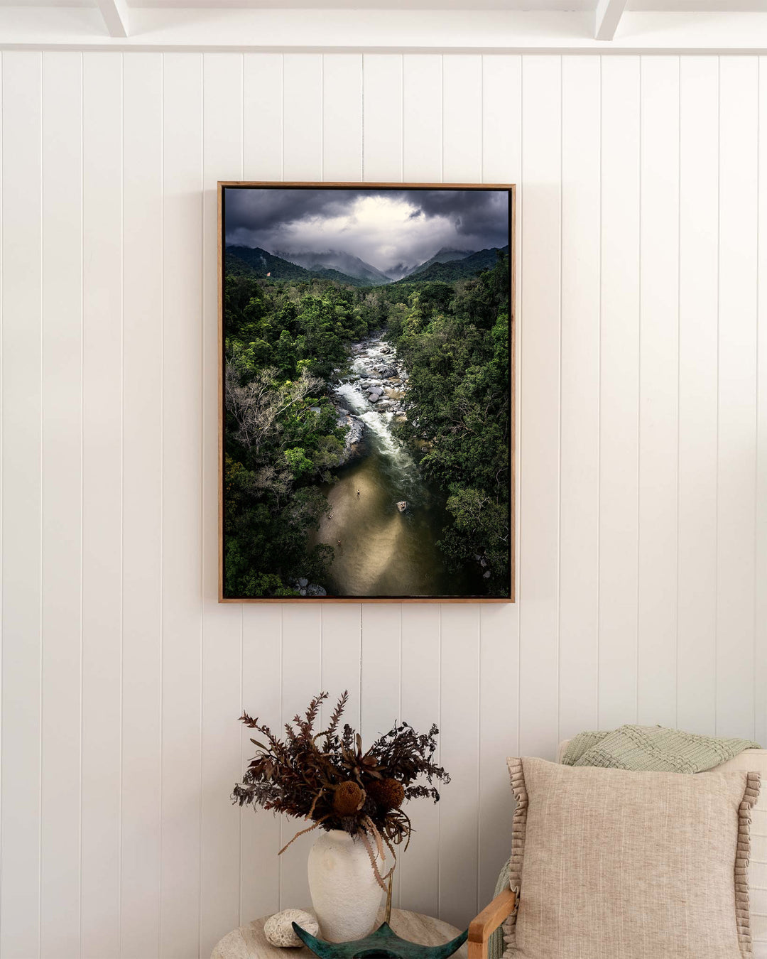 Hazy Habits – Mossman Gorge, Aerial Photography by David Lloyd, framed canvas print in oak float frame, styled in a bedroom setting