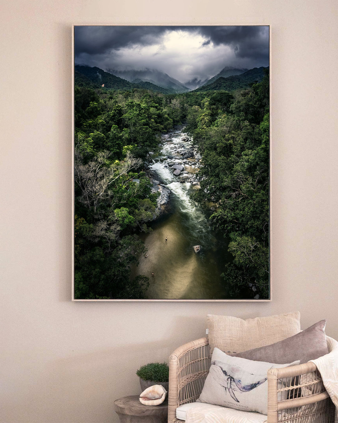 Hazy Habits – Mossman Gorge, Aerial Photography by David Lloyd, framed canvas print in oak float frame, styled in a sitting room setting