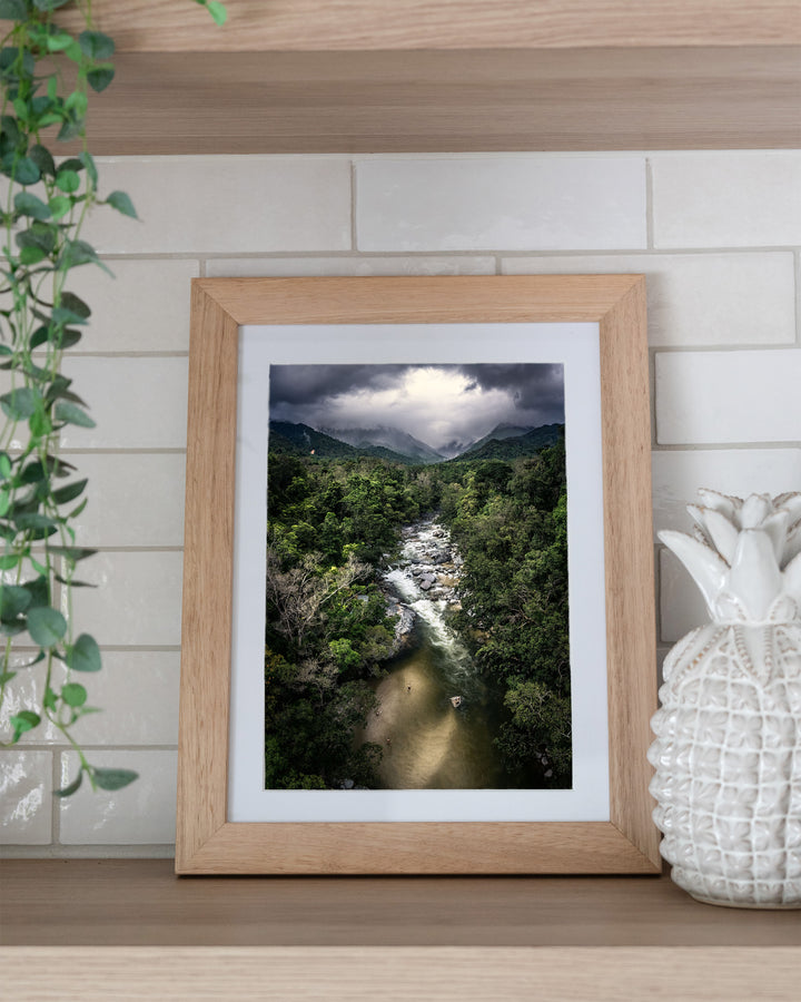 Hazy Habits – Mossman Gorge, Aerial Photography by David Lloyd, framed paper print in oak frame, styled in a kitchen shelf setting