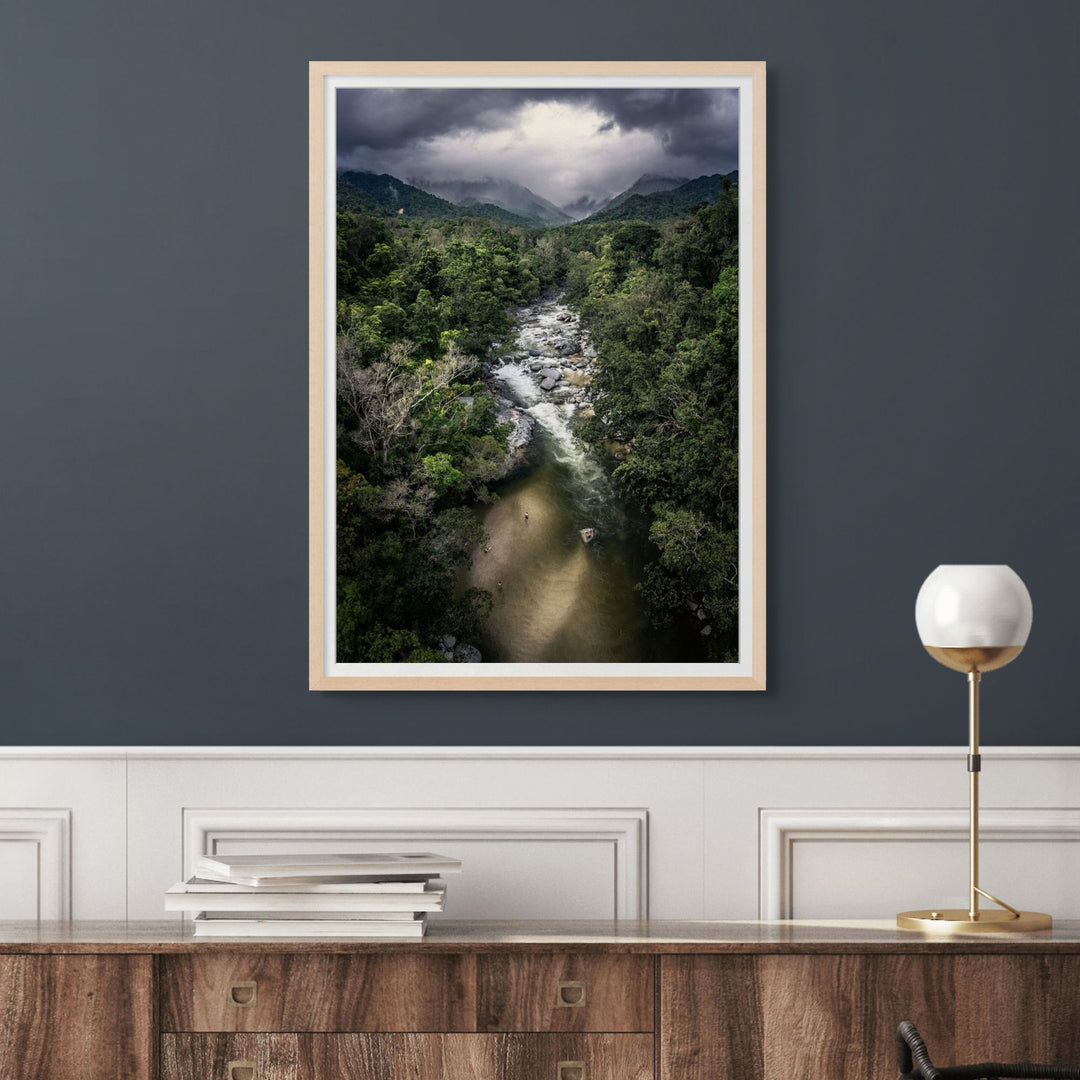 Hazy Habits by David Lloyd – framed paper print, aerial view of Mossman Gorge rainforest with misty haze, fine art photographic print