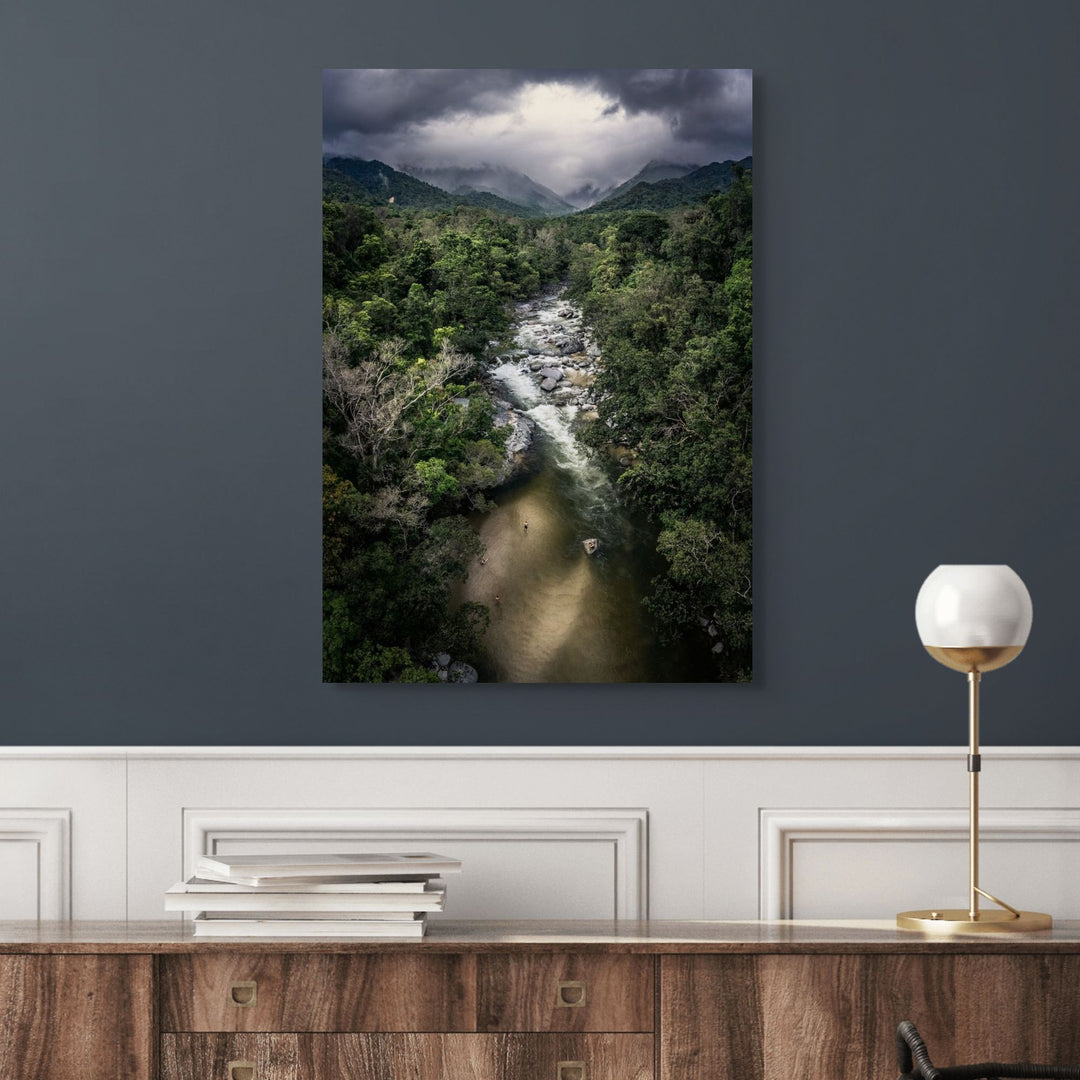 Hazy Habits by David Lloyd – stretched canvas print, aerial top-down view of Mossman Gorge rainforest, fine art photographic print