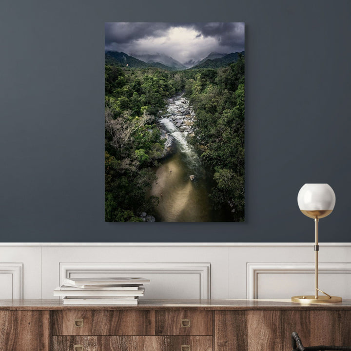 Hazy Habits by David Lloyd – stretched canvas print, aerial top-down view of Mossman Gorge rainforest, fine art photographic print