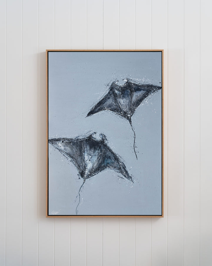 Heart Beats Slow manta rays fine art print by Stephanie Elizabeth, framed canvas in an oak frame