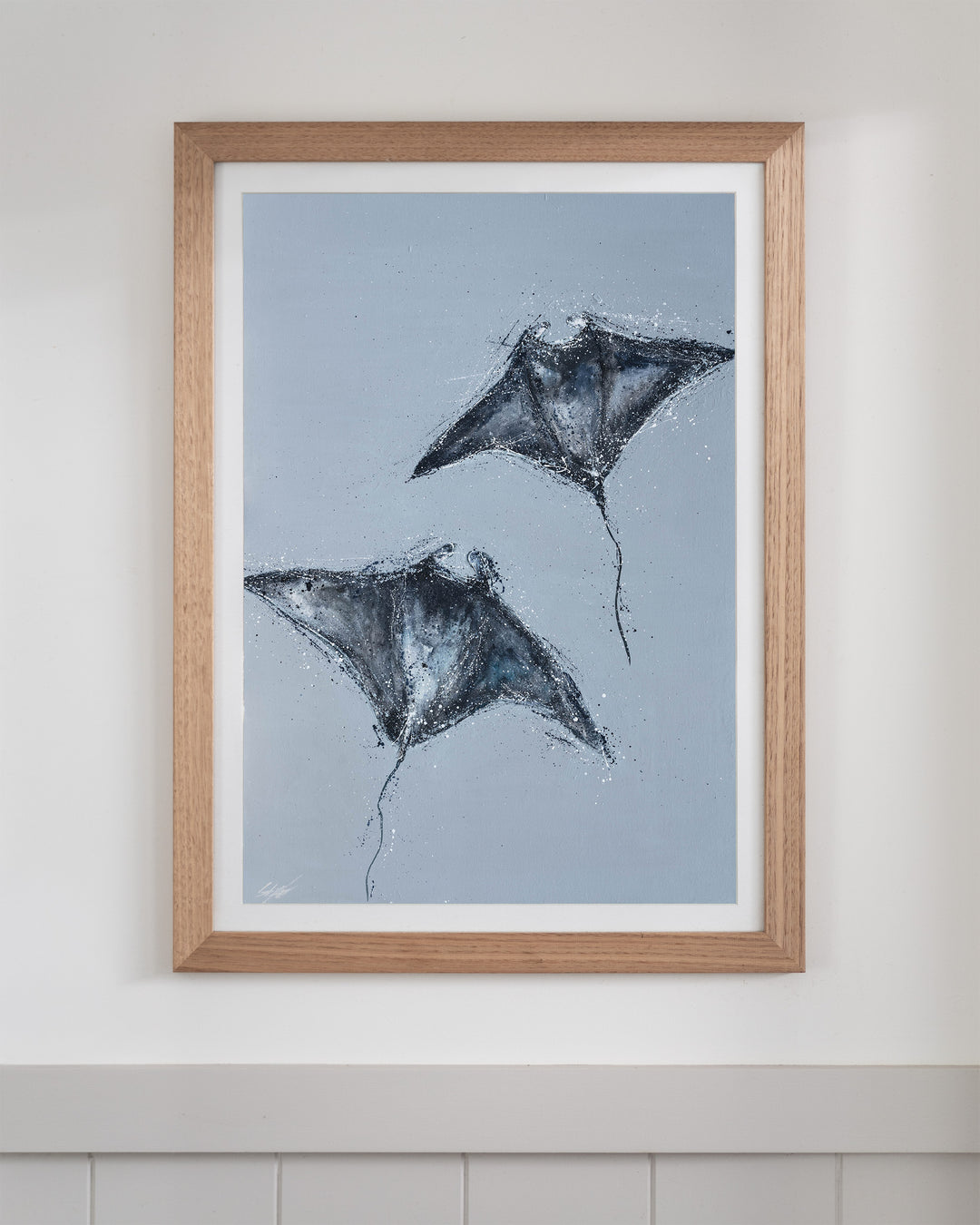 Heart Beats Slow manta rays fine art print by Stephanie Elizabeth, framed paper print in an oak frame