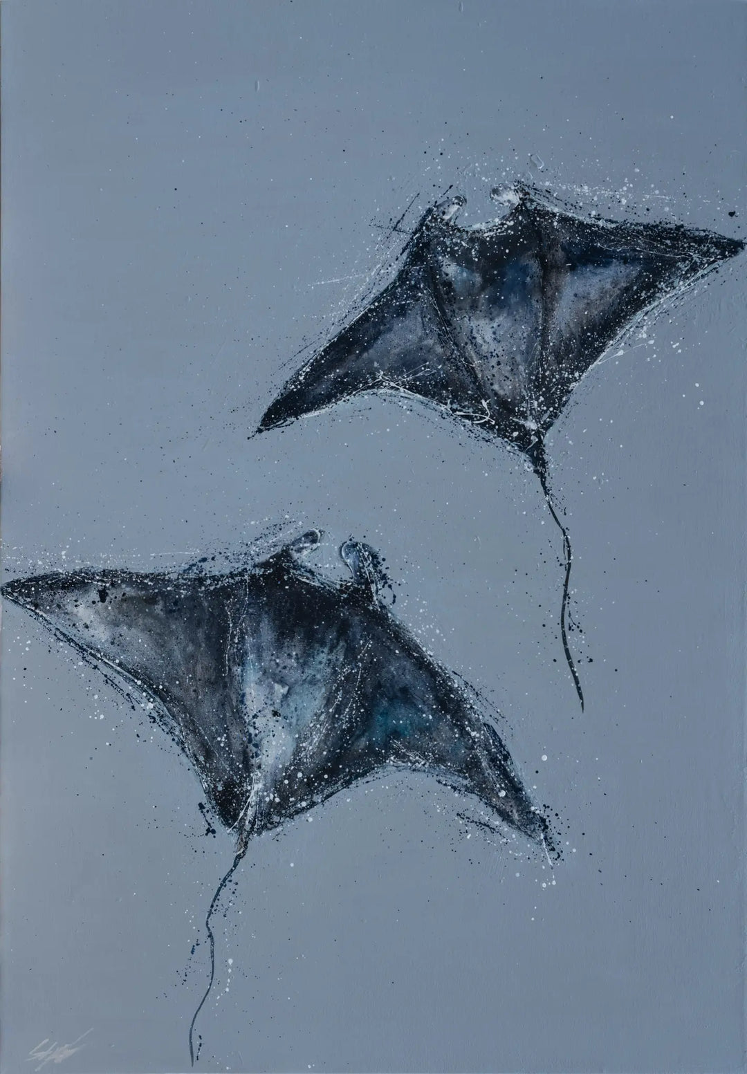 Heart Beats Slow – Original acrylic artwork of manta rays moving through soft ocean tones with calm flowing composition.