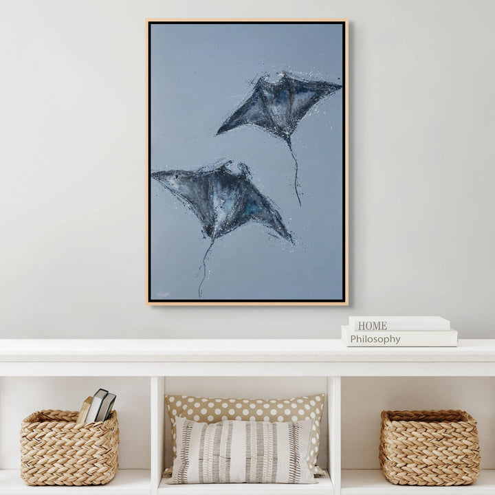 Heart Beats Slow – atmospheric ray artwork with flowing movement and textured blue ocean tones by Stephanie Elizabeth | Shadow Box Canvas Print