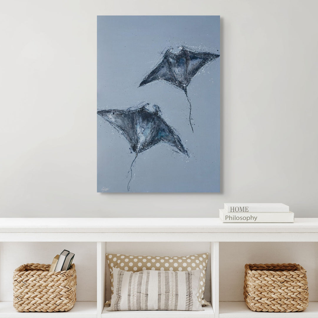 Heart Beats Slow – minimalist ocean artwork featuring two rays drifting beneath the surface in soft acrylic detail by Stephanie Elizabeth | Stretched Canvas Print