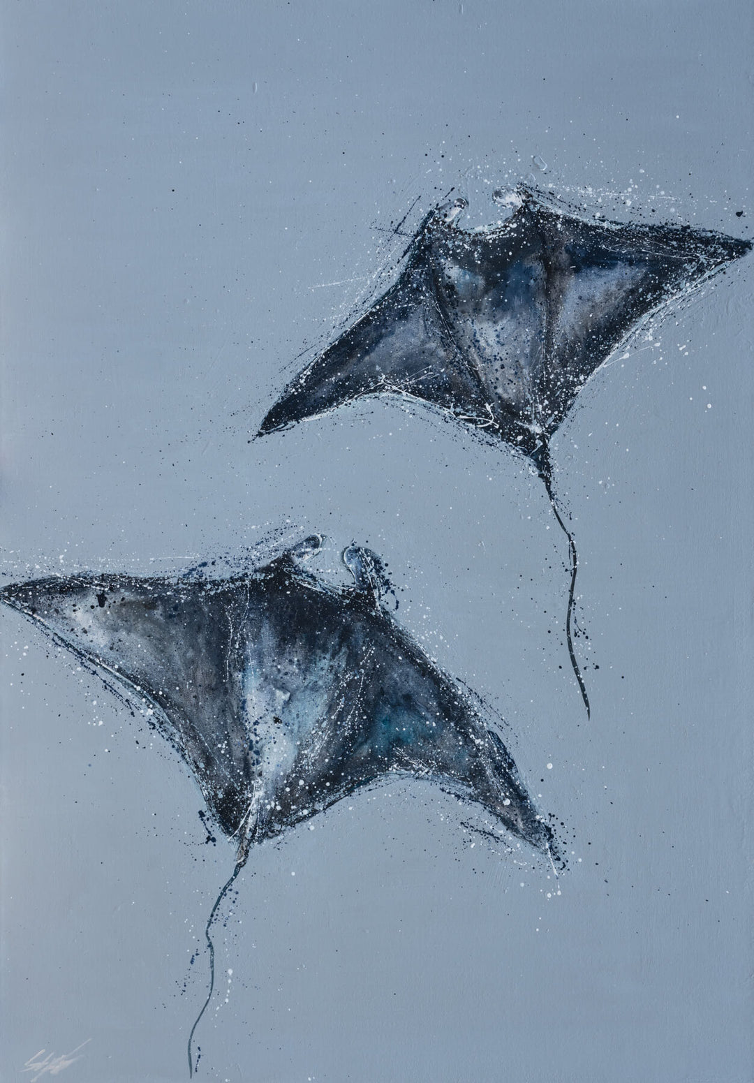 Heart Beats Slow – serene underwater ray painting with calming blue tones and gentle movement by Stephanie Elizabeth | Unframed Rolled Print