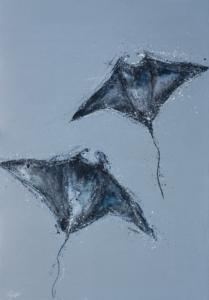 Heart Beats Slow – serene underwater ray painting with calming blue tones and gentle movement by Stephanie Elizabeth | Unframed Rolled Print
