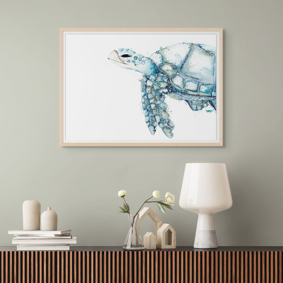 Infinity Pool by Stephanie Elizabeth – framed paper print of third turtle painted in blue, landscape orientation