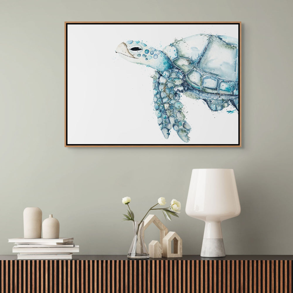 Infinity Pool by Stephanie Elizabeth – shadow box canvas print of third blue turtle, landscape, swimming calmly