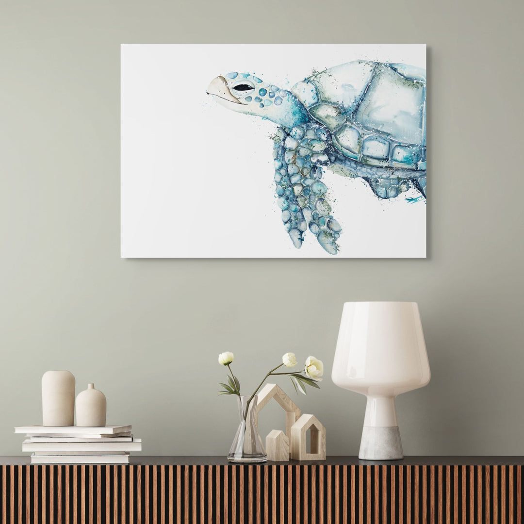 Infinity Pool by Stephanie Elizabeth – stretched canvas print of third turtle in blue, landscape orientation, marine artwork