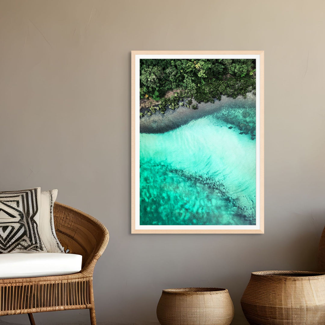 It’s Only Natural – Aerial view of Cape Tribulation with rainforest flowing into reef patterns | Framed Paper Print by David Lloyd