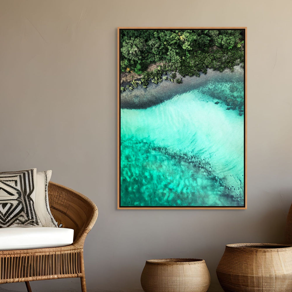 It’s Only Natural – Aerial view of Cape Tribulation with rainforest flowing into reef patterns | Shadow Box Canvas Print by David Lloyd