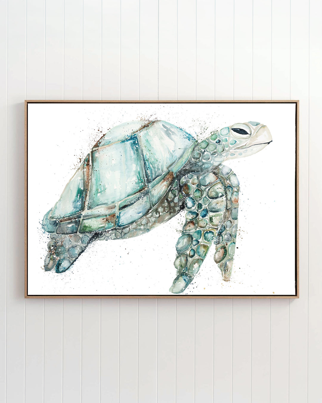 Jade sea turtle fine art print by Stephanie Elizabeth, framed canvas in an oak frame