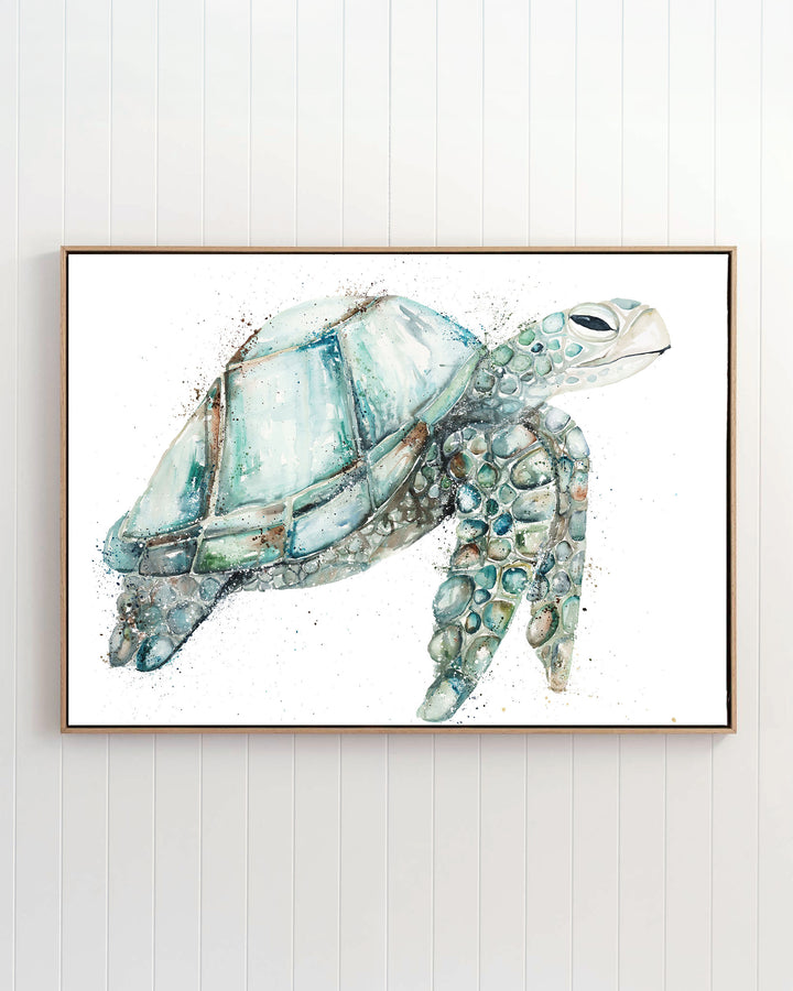 Jade sea turtle fine art print by Stephanie Elizabeth, framed canvas in an oak frame