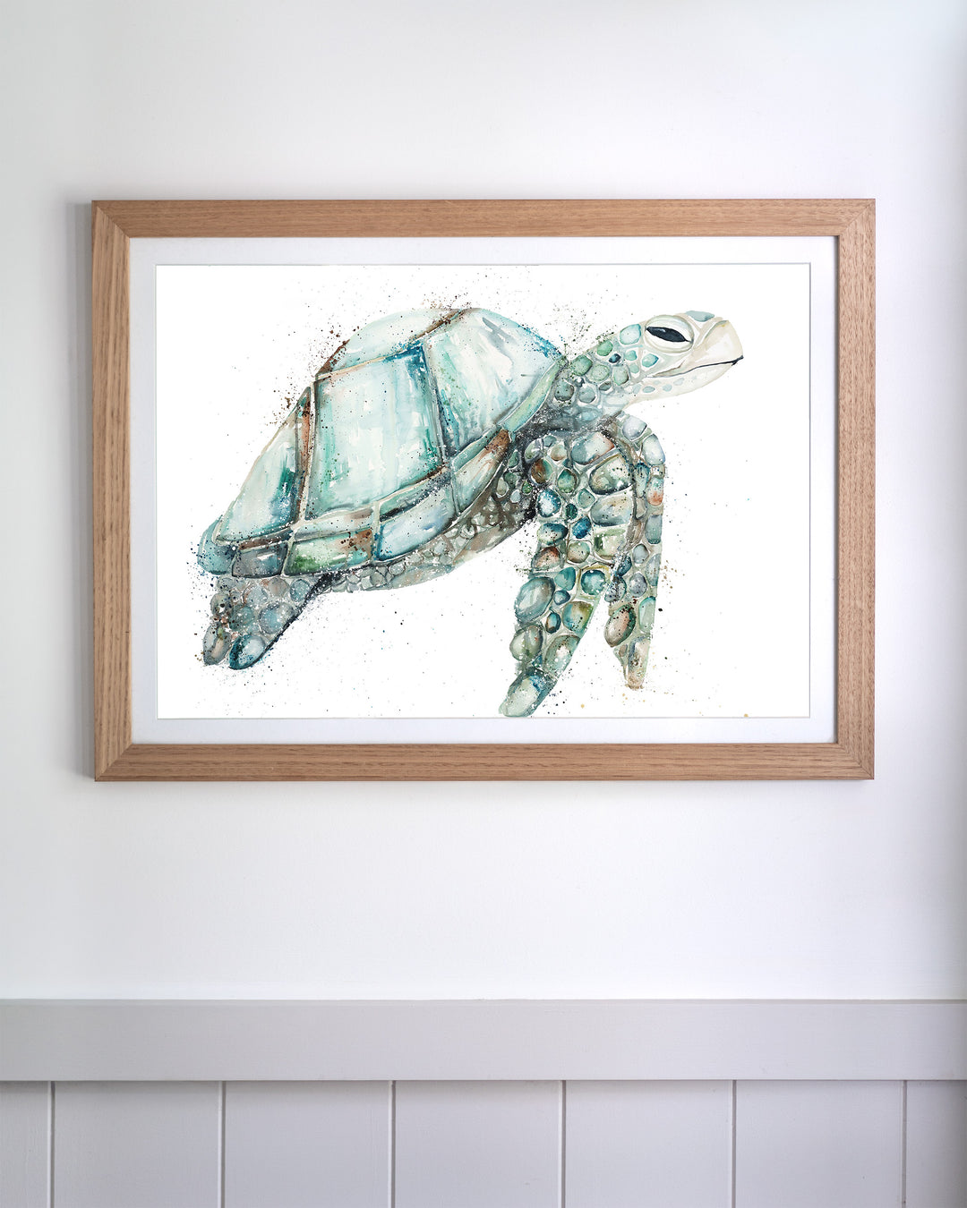 Jade sea turtle fine art print by Stephanie Elizabeth, framed paper print in an oak frame