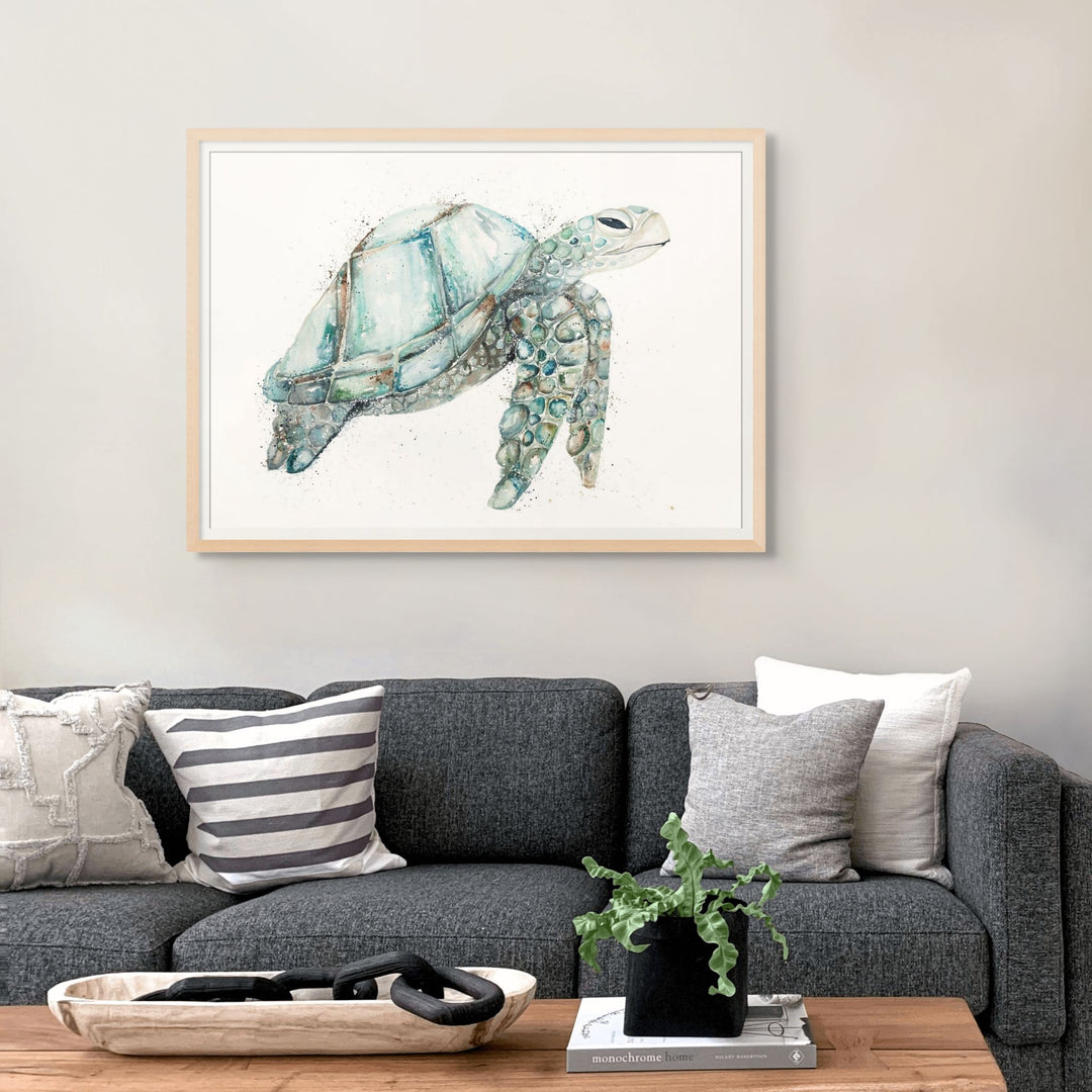 Jade by Stephanie Elizabeth – framed paper print of soft bluey-green turtle, fine art marine life print