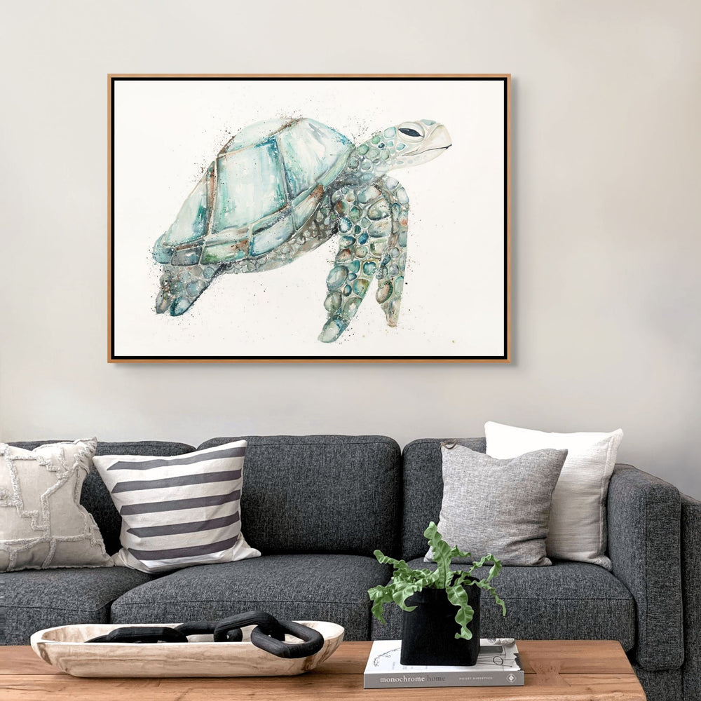 Jade by Stephanie Elizabeth – shadow box canvas print featuring bluey-green turtle swimming, ocean-inspired fine art artwork