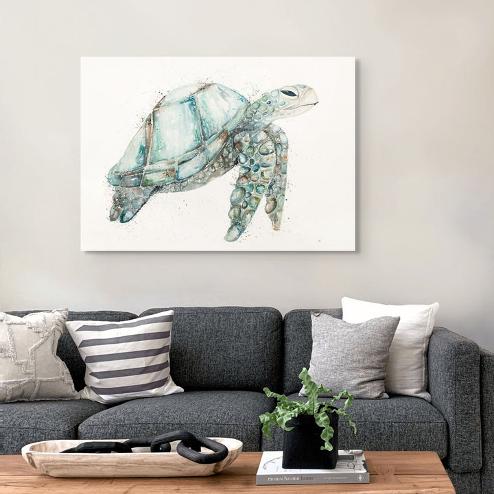 Jade by Stephanie Elizabeth – stretched canvas print of soft blue-green turtle, marine life fine art print
