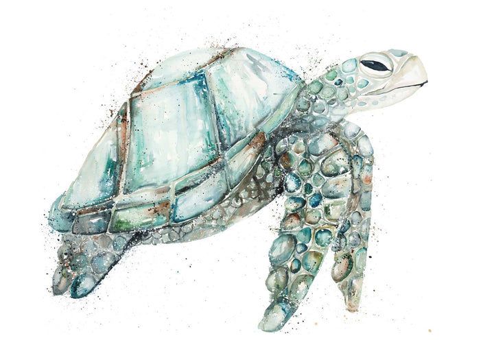 Jade by Stephanie Elizabeth – unframed rolled paper print of bluey-green turtle, fine art marine life print