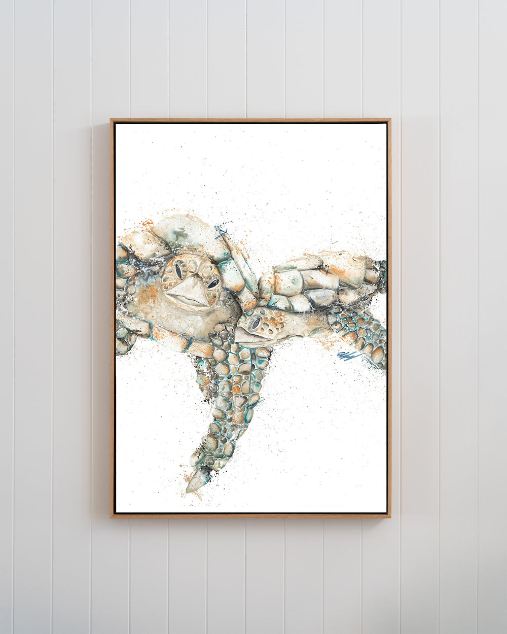 Joined at the Hip – sea turtles, framed canvas in oak float frame