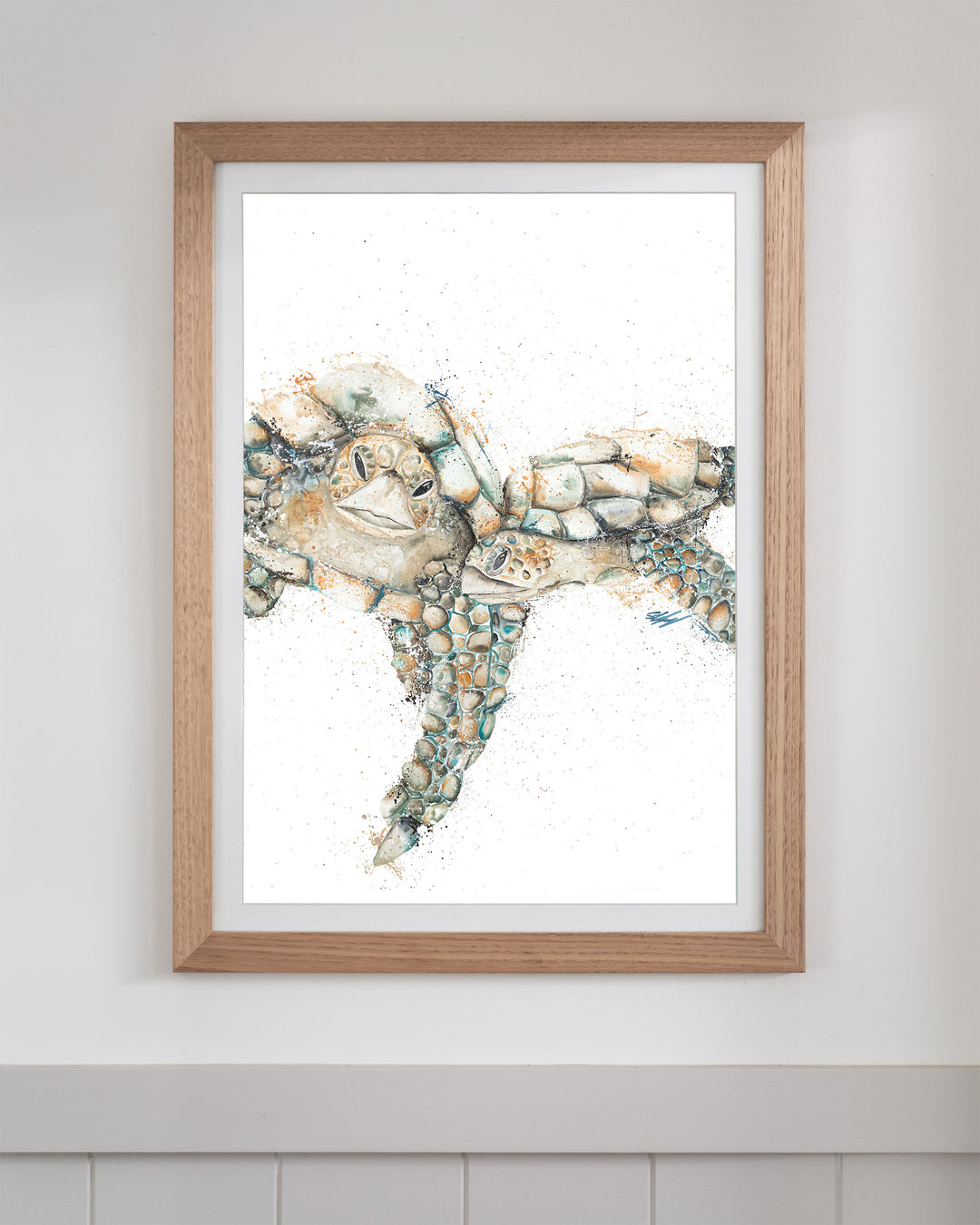 Joined at the Hip – sea turtles, framed paper print in oak frame