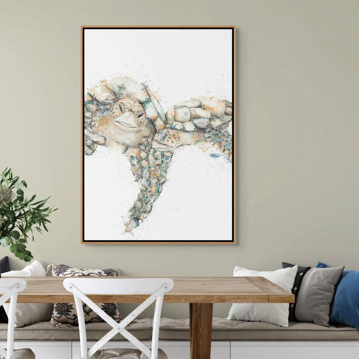 Limited edition Joined at the Hip turtle fine art print by Stephanie Elizabeth, hand-signed, vibrant green and orange sea turtles swimming, available framed in canvas oak frame.