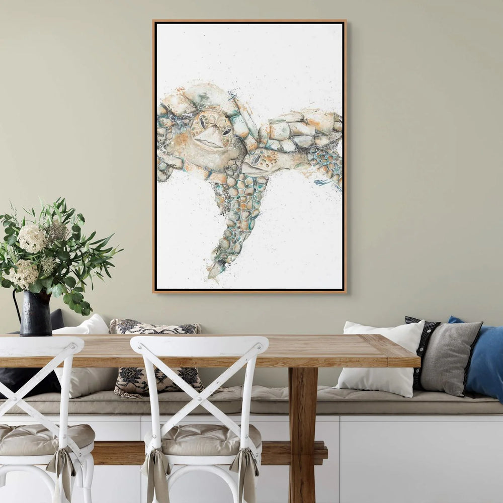 Limited edition Joined at the Hip turtle fine art print by Stephanie Elizabeth, hand-signed, vibrant green and orange sea turtles swimming, available framed canvas print