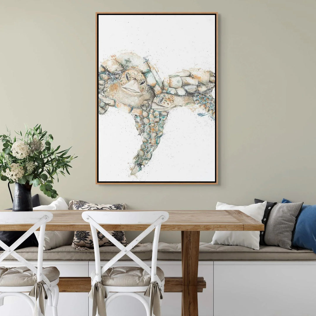 Limited edition Joined at the Hip turtle fine art print by Stephanie Elizabeth, hand-signed, vibrant green and orange sea turtles swimming, available framed canvas print