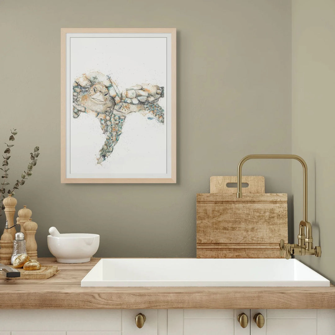Limited edition Joined at the Hip turtle fine art print by Stephanie Elizabeth, hand-signed, vibrant green and orange sea turtles swimming, available framed in oak 2