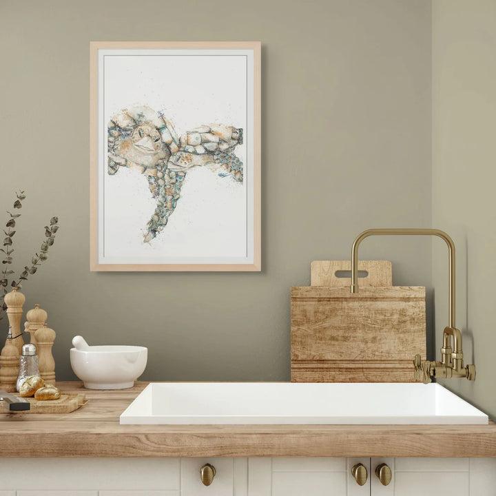 Limited edition Joined at the Hip turtle fine art print by Stephanie Elizabeth, hand-signed, vibrant green and orange sea turtles swimming, available framed in oak 2