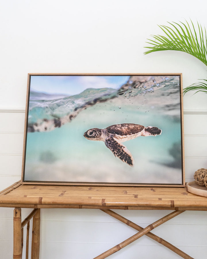 Just Keep Swimming - Turtle Hatchling“ framed print on a bamboo table with a green plant beside it.