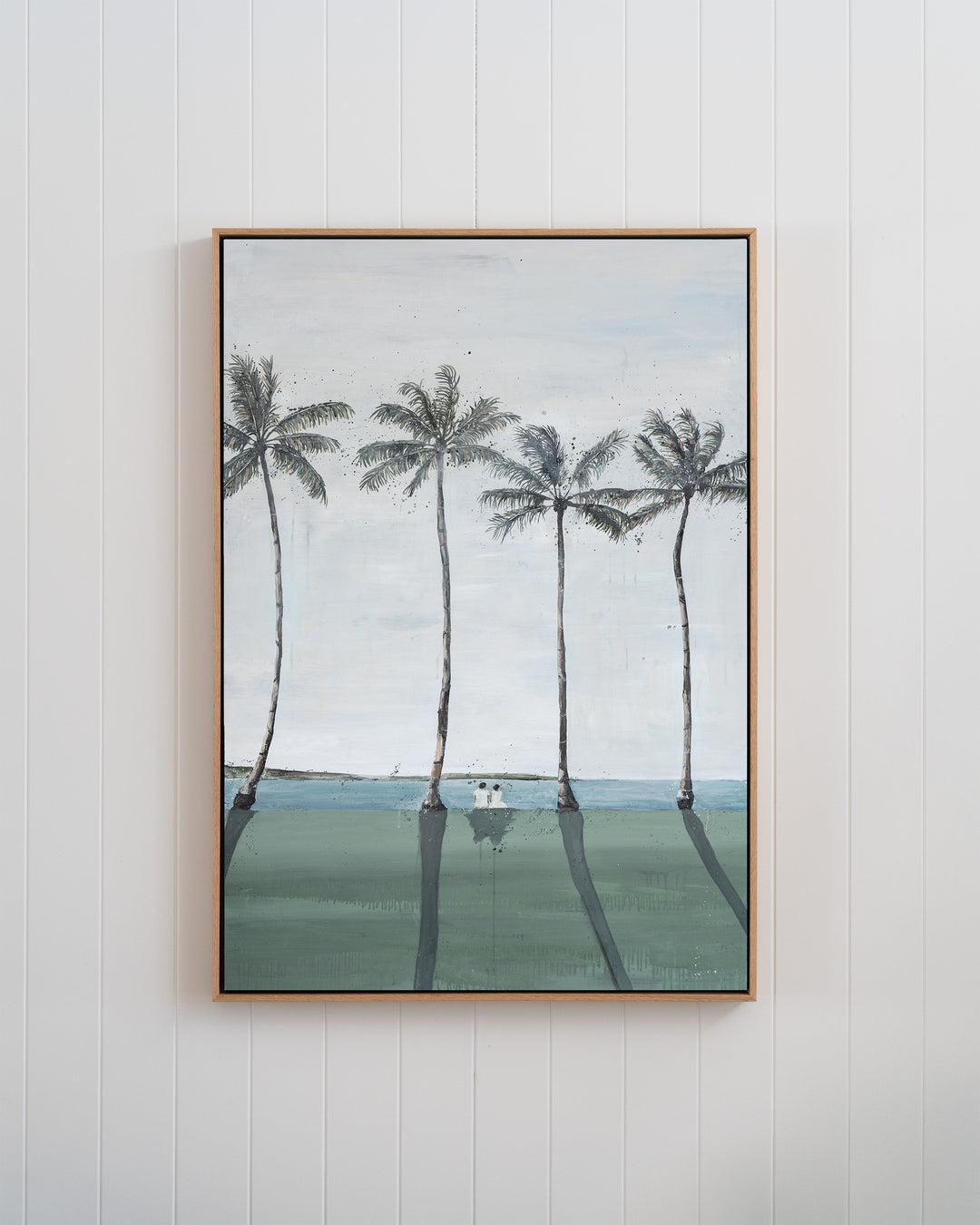 Just Us – palm trees and ocean landscape, framed canvas in oak float frame