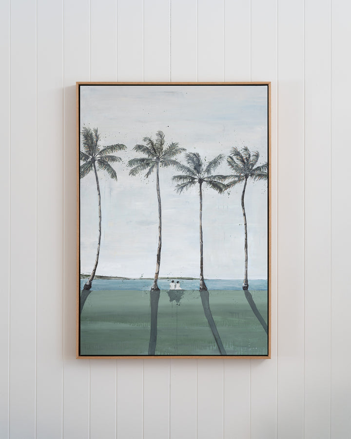 Just Us – palm trees and ocean landscape, framed canvas in oak float frame