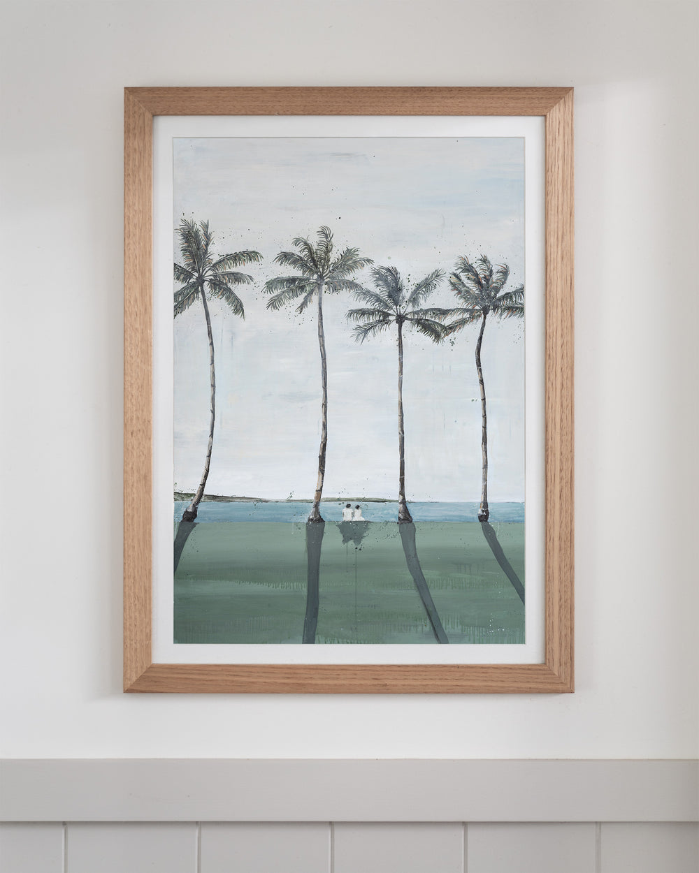 Just Us – palm trees and ocean landscape, framed paper print in oak frame