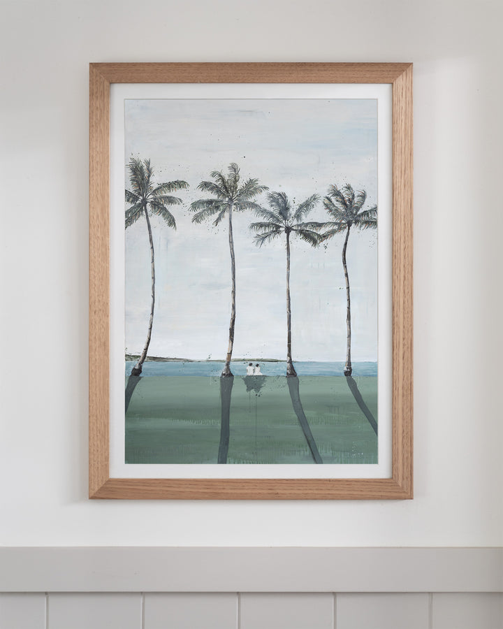 Just Us – palm trees and ocean landscape, framed paper print in oak frame
